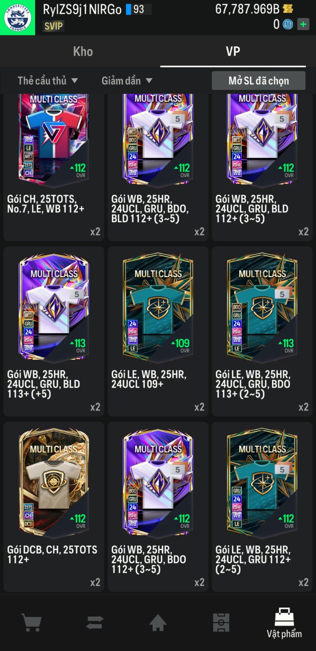 Ảnh ACC mở thẻ (LOẠI SVIP PROMAX) bao gồm 1 gói thẻ +12, thẻ PRIME và 1000+ thẻ cầu thủ từ Siêu sao đến Miền núi các loại. Có sẵn BP trắng trong acc từ 57.000 tỷ BP đến 67.000 tỷ BP, kèm theo nhiều ngày SVIP